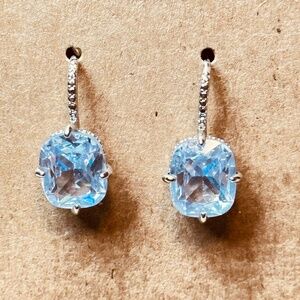Silver Tone Earrings w/Oval Lab Created Pale Blue Stones NWOT